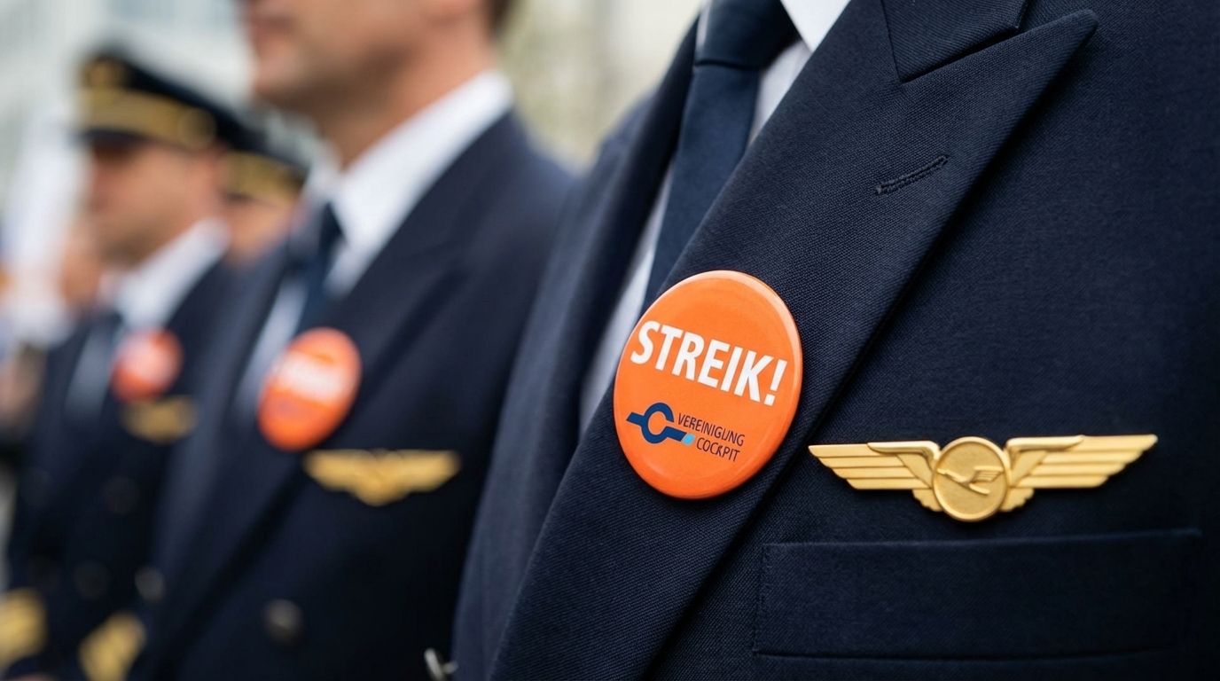 Piloten im Streik, die 'Streik!'-Buttons und Lufthansa-Flügel an ihren Uniformen tragen.