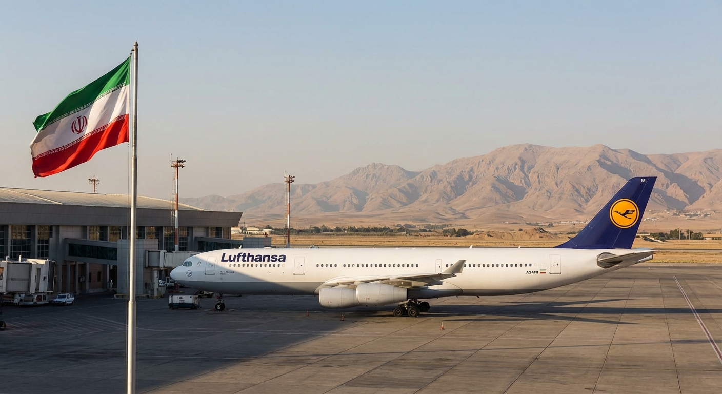 Lufthansa plane at Iranian airport with the Iranian flag and mountains in the background.