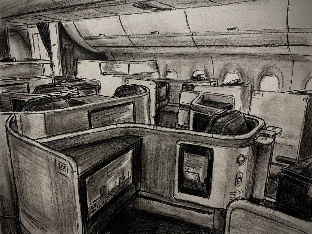 Drawing of Lufthansa business class seats. 'Goodbye' on screens suggests travel's end.