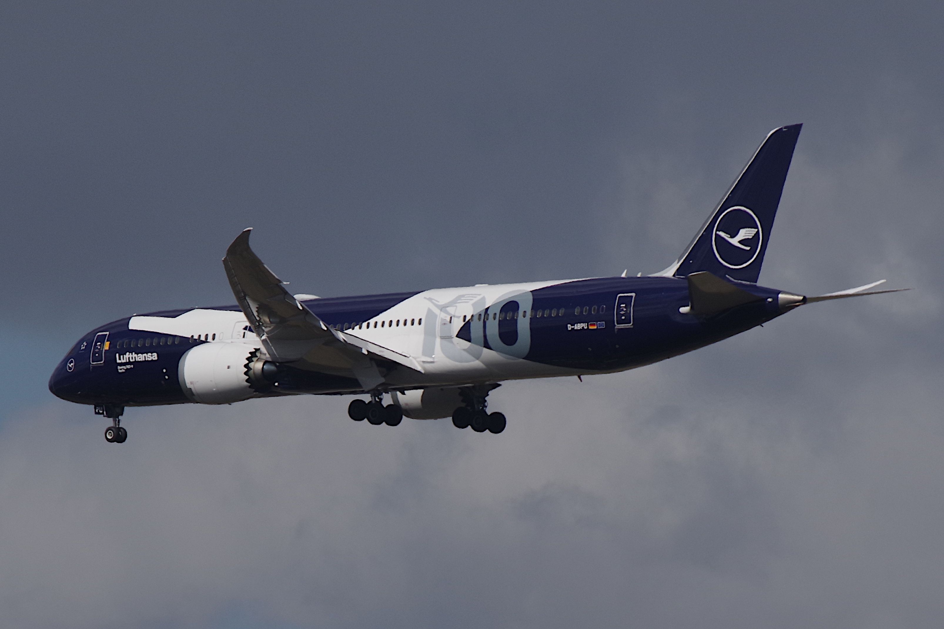 Lufthansa Boeing 787-9 Dreamliner in der Sonderlackierung „Super Crane“ im Landeanflug.