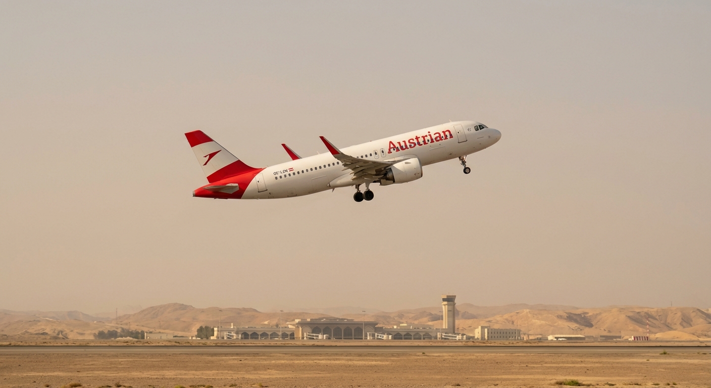 Austrian Airlines plane takes off from Muscat airport in Oman