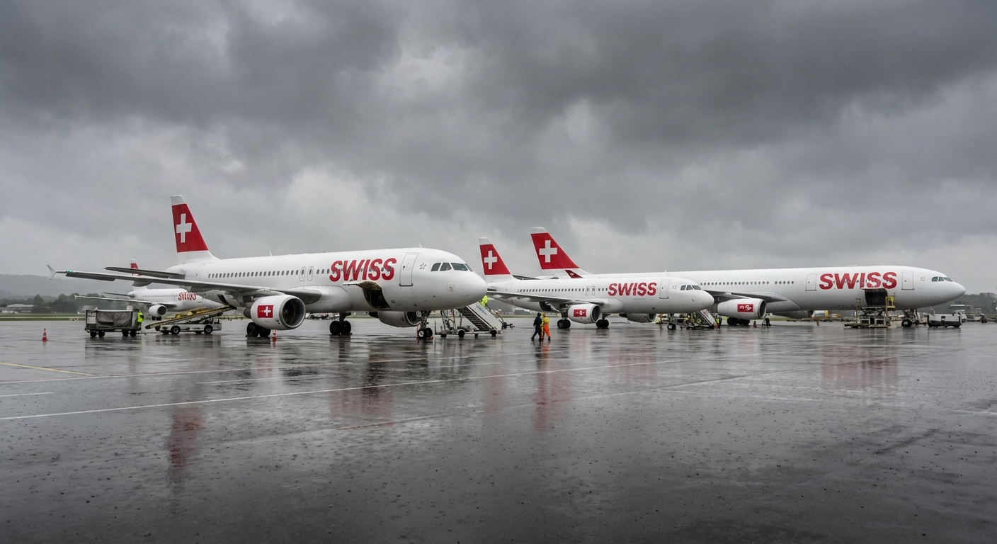 Several Swiss International Air Lines planes lined up on a rainy tarmac.