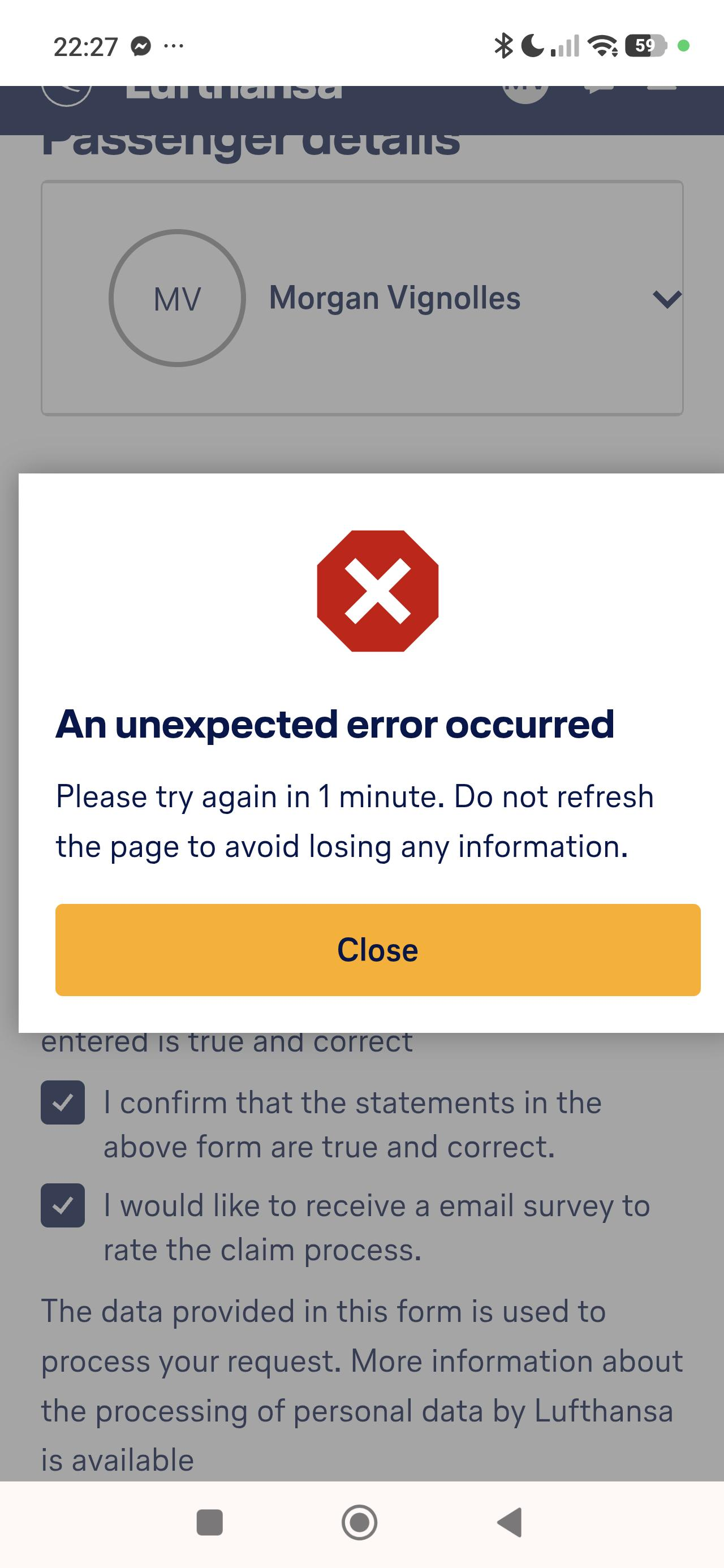 Ein Screenshot des Lufthansa-Schadensformulars, der zu einem Fehler geführt hat