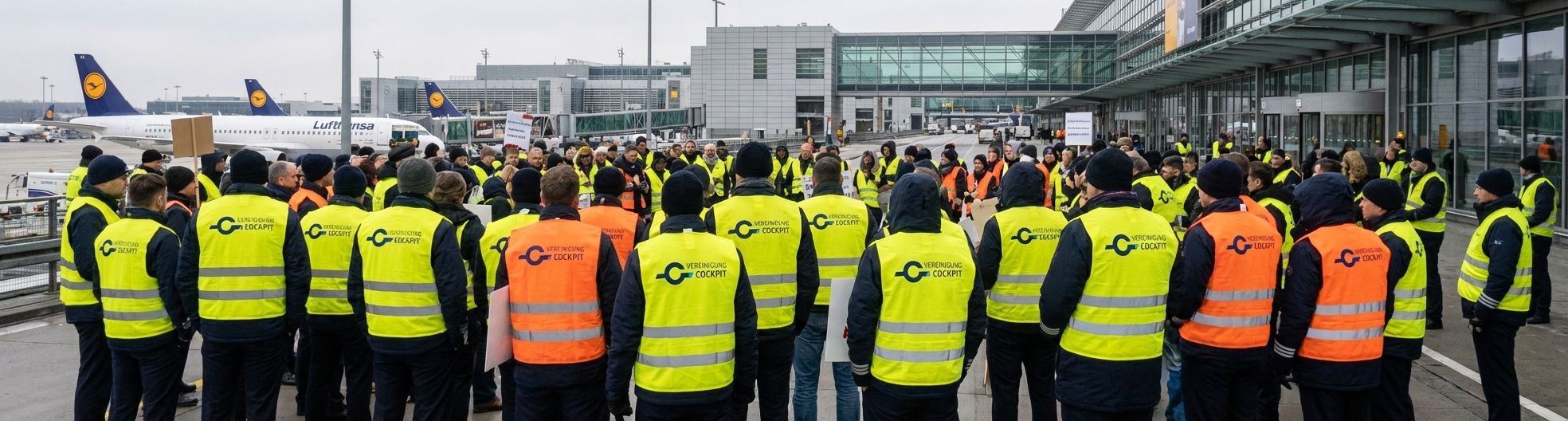 Piloten mit Westen mit dem Vereinigung Cockpit-Logo stehen an einem Flughafen in der Nähe von Lufthansa-Flugzeugen.