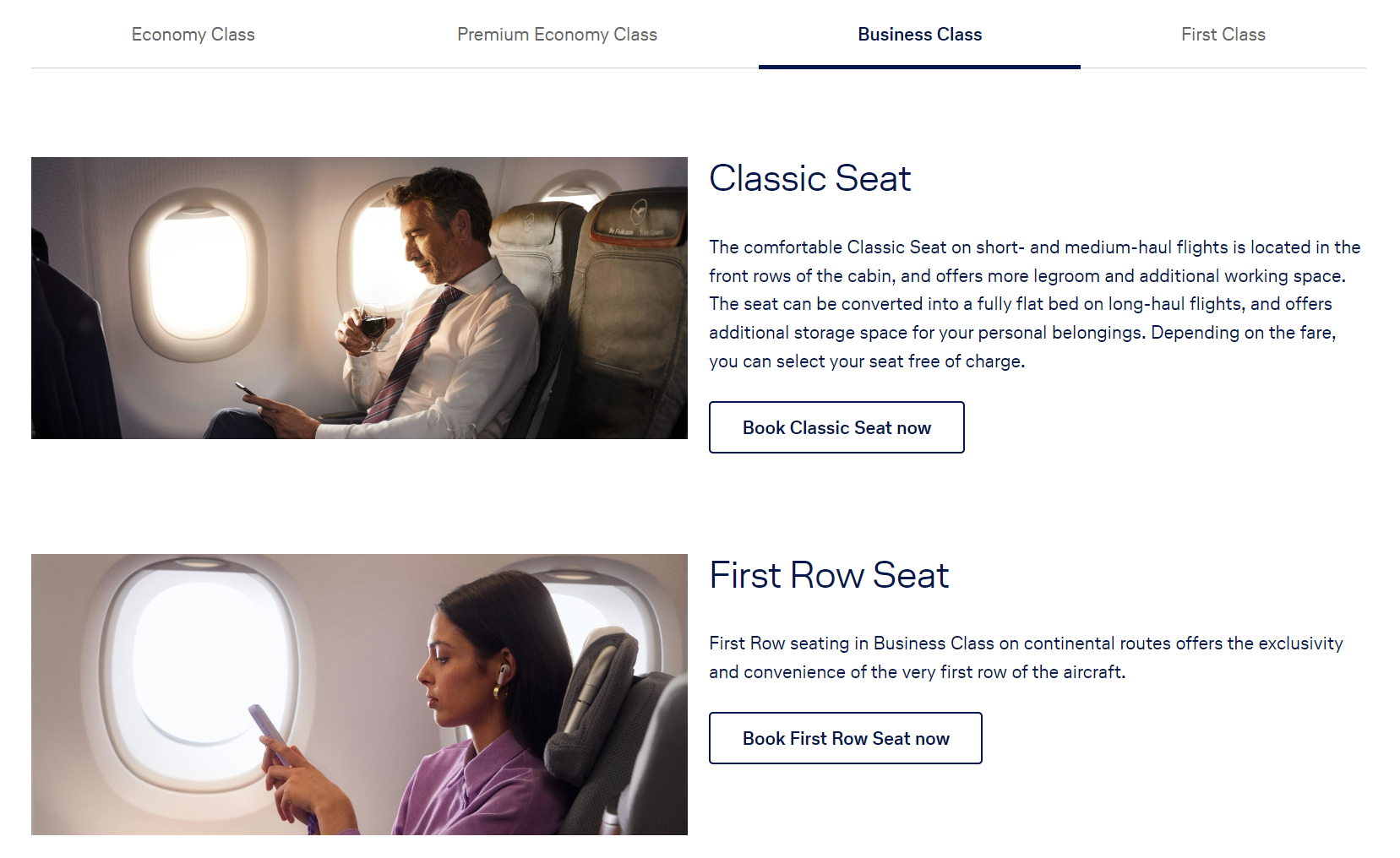 Auf der Website der Lufthansa wird der Sitzplatz in der ersten Reihe als Buchungsoption beworben.