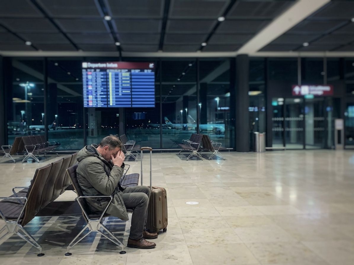 Man looking stressed at an airport near a departures board with luggage. 