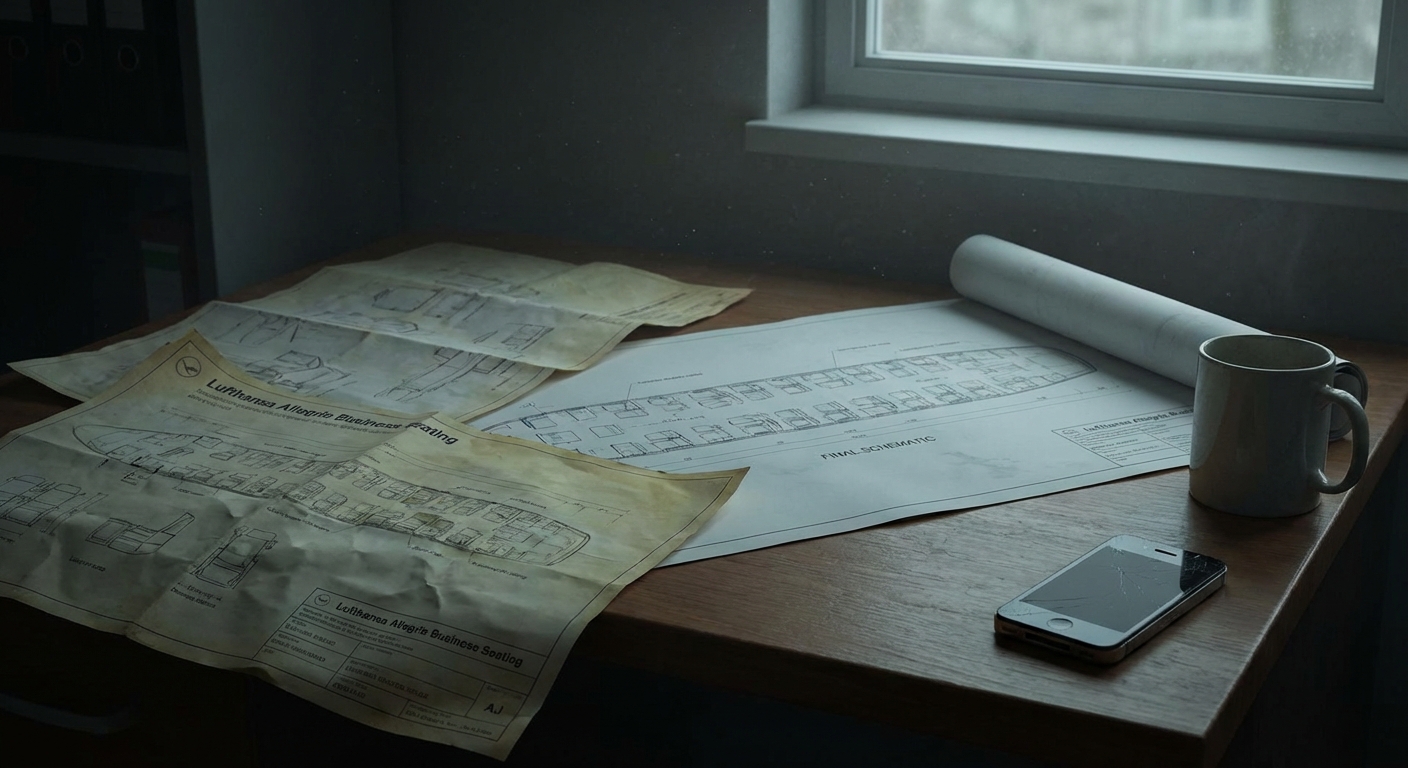 Desk with Lufthansa seating plan blueprints, a mug, and a cracked phone.