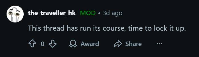 A moderator on /r/lufthansa locks a post defending corporate practices