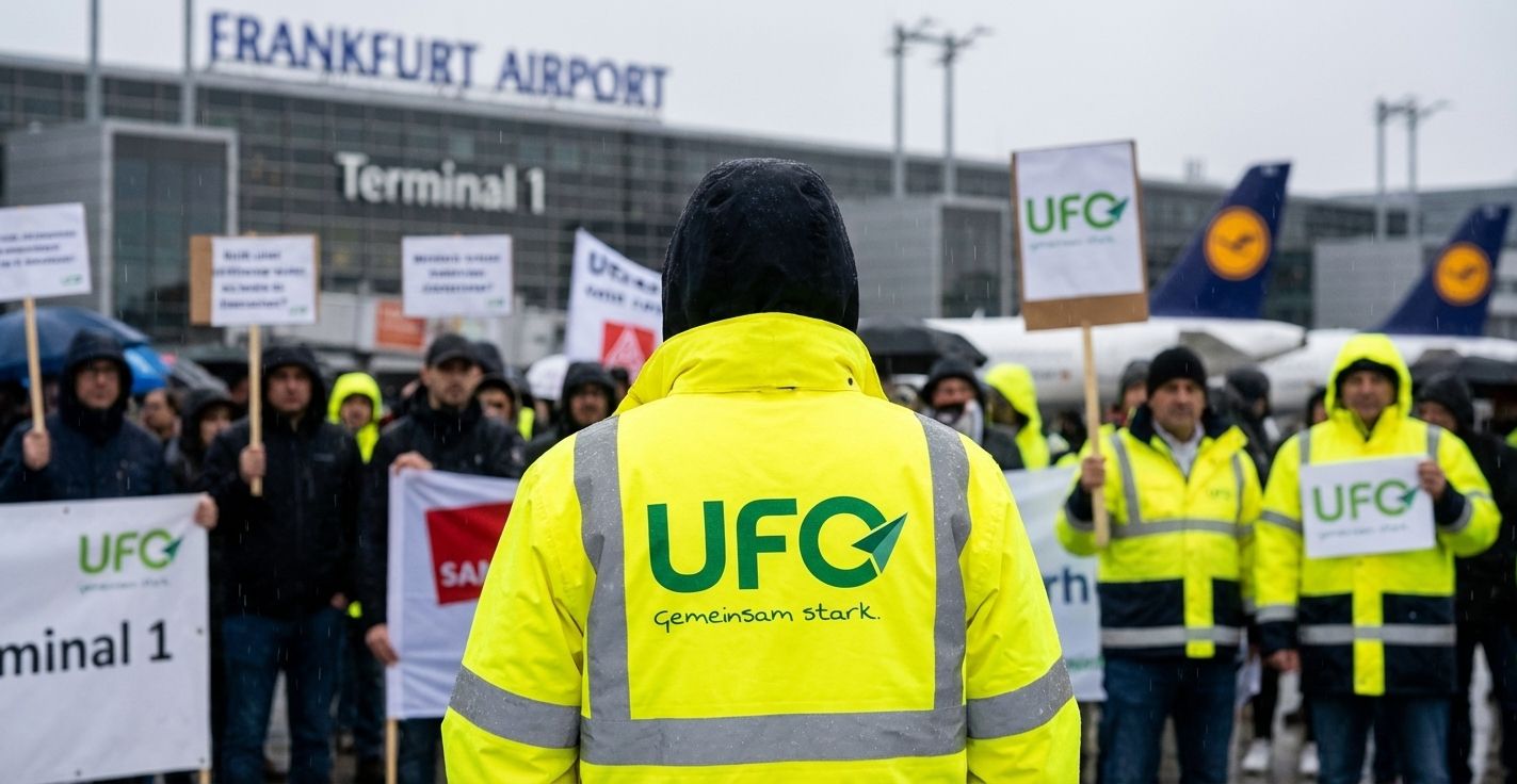 UFC Gewerkschaftsmitglieder protestieren am Frankfurter Flughafen Terminal 1, Lufthansa Flugzeuge im Hintergrund.