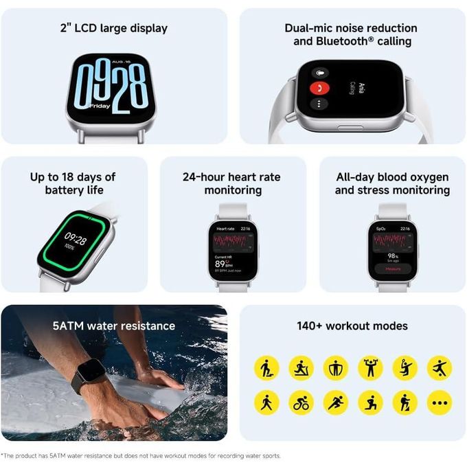 XIAOMI Redmi Watch 5 Active Midnight Black Smartwatch 2.0" LCD display, Long battery life, Bluetooth calling, Noise reduction, Health tracking, 5ATM waterproof, 18 days battery life image 4