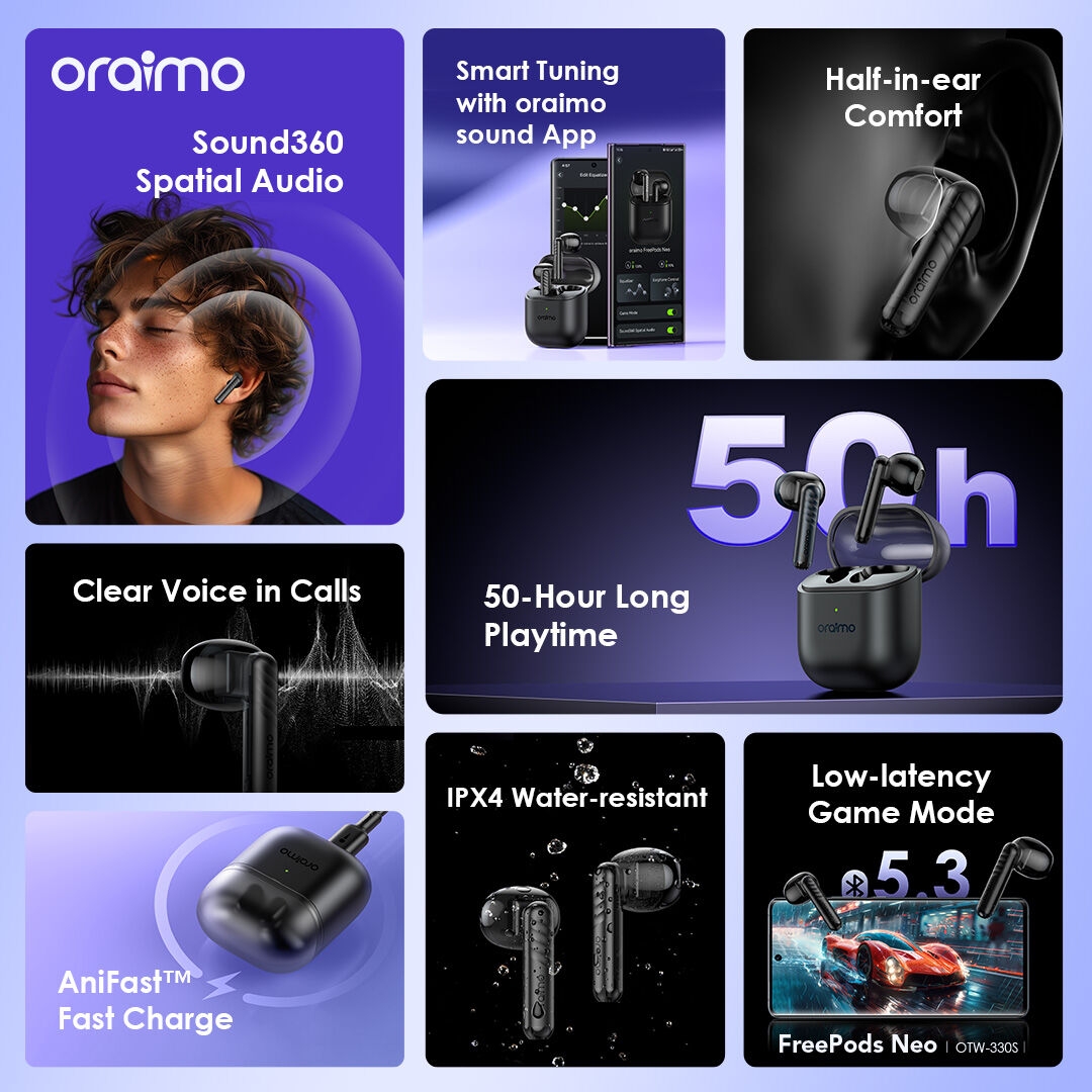 Oraimo FreePods Neo True Wireless Earbuds 50-hr Long Playtime Half In Ear - Black image 4