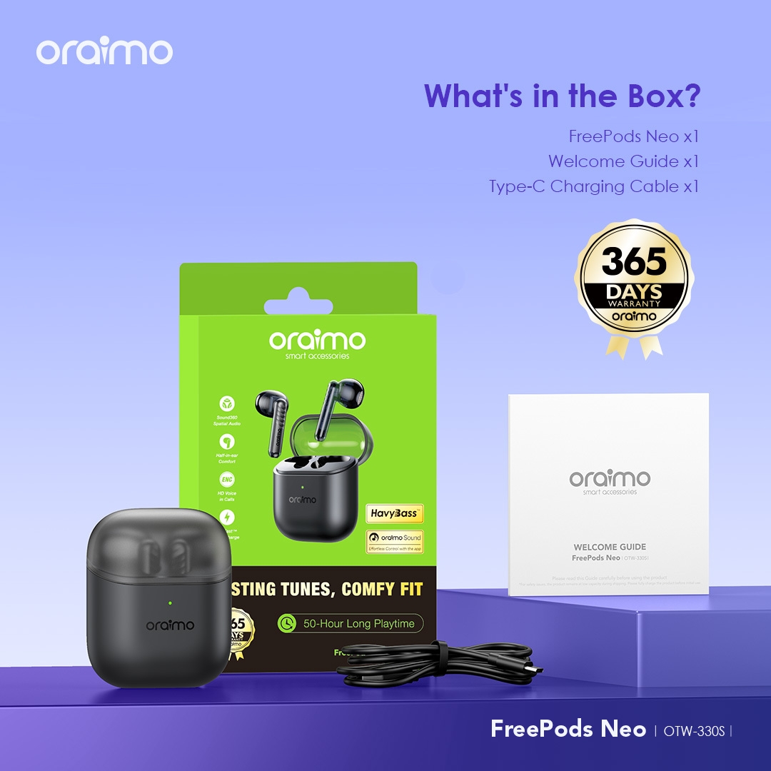 Oraimo FreePods Neo True Wireless Earbuds 50-hr Long Playtime Half In Ear - Black image 3