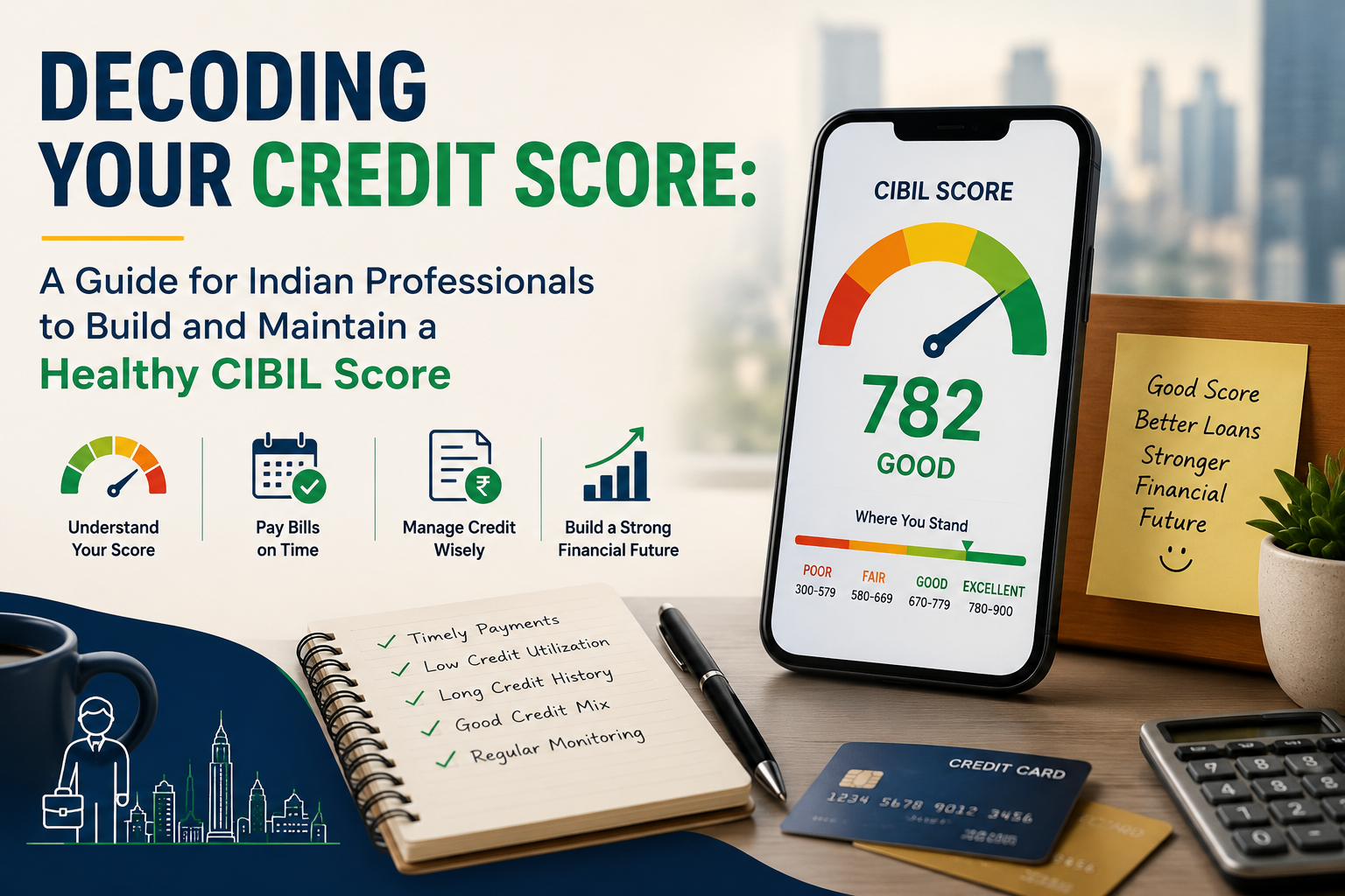 Indian professional studying financial documents and graphs related to CIBIL score