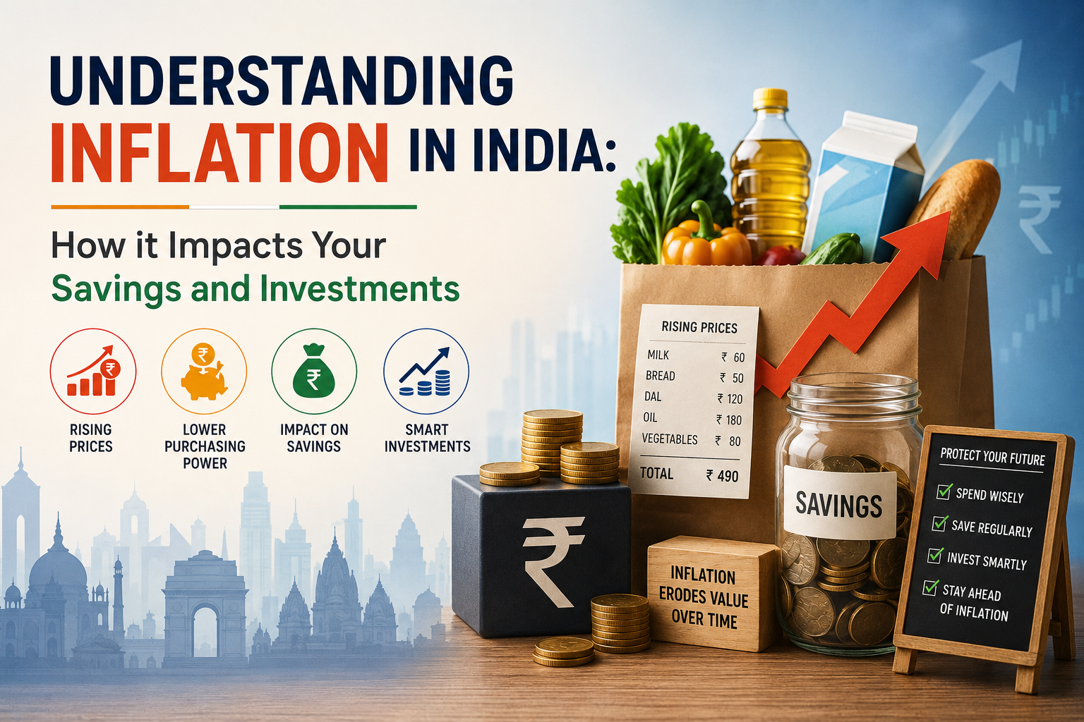 Indian rupee symbol with a growing plant, symbolizing investment growth amidst inflation.