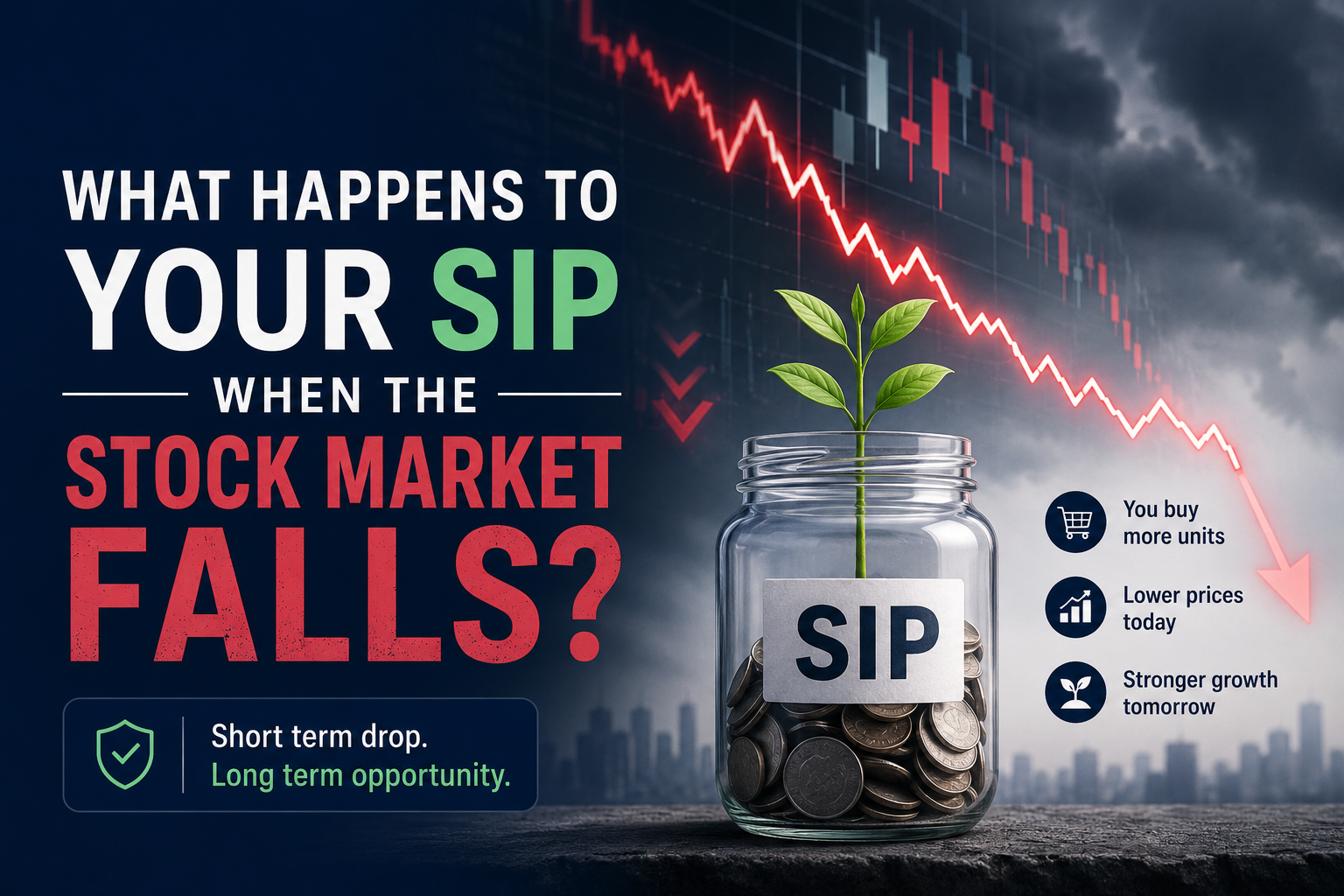 A person looking at a downward trending stock market graph with a growing plant representing SIP investment