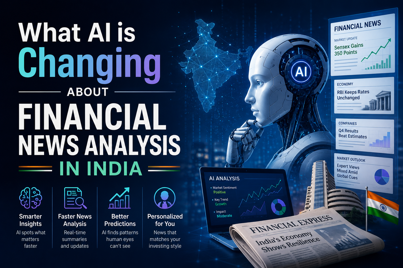 Image showing a cityscape of Mumbai with glowing digital data streams overlayed, representing AI analyzing financial news.
