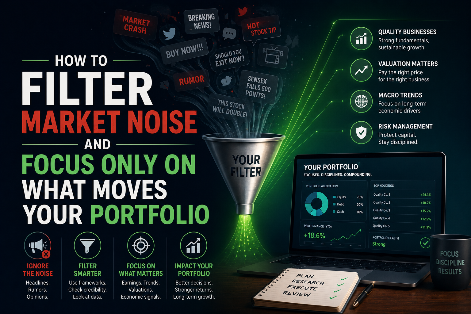Investor looking thoughtfully at a stock market graph with noise elements blurred in the background
