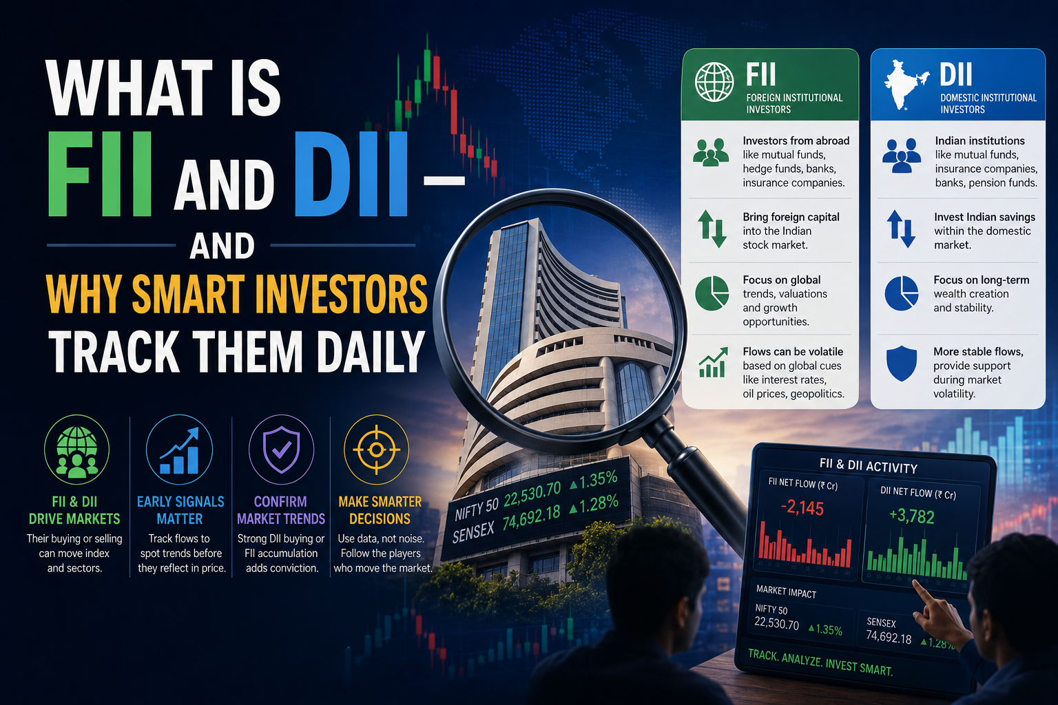 Graphic showing upward trending stock market charts with icons representing foreign and domestic investors.