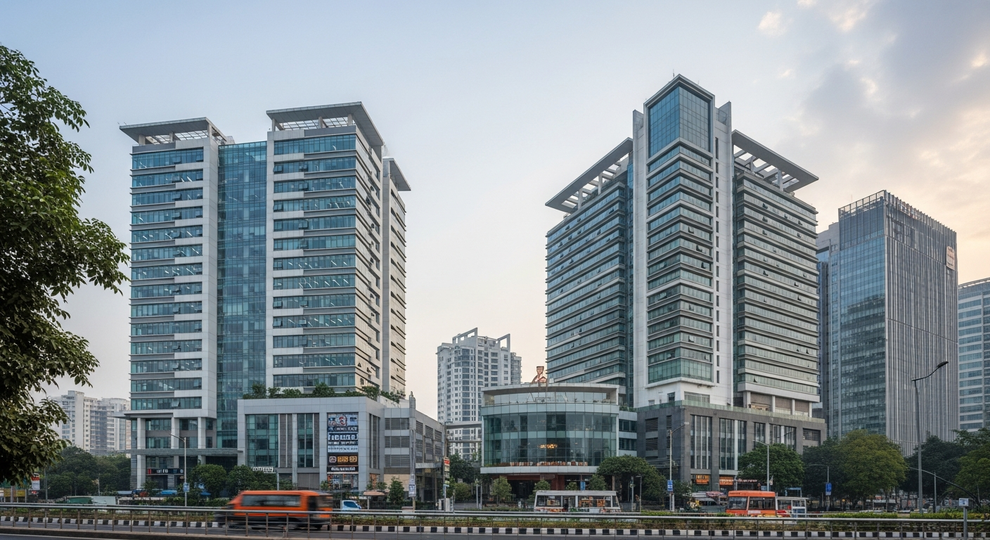 A diverse portfolio of Indian real estate assets including office buildings, shopping malls, and warehouses, represented visu