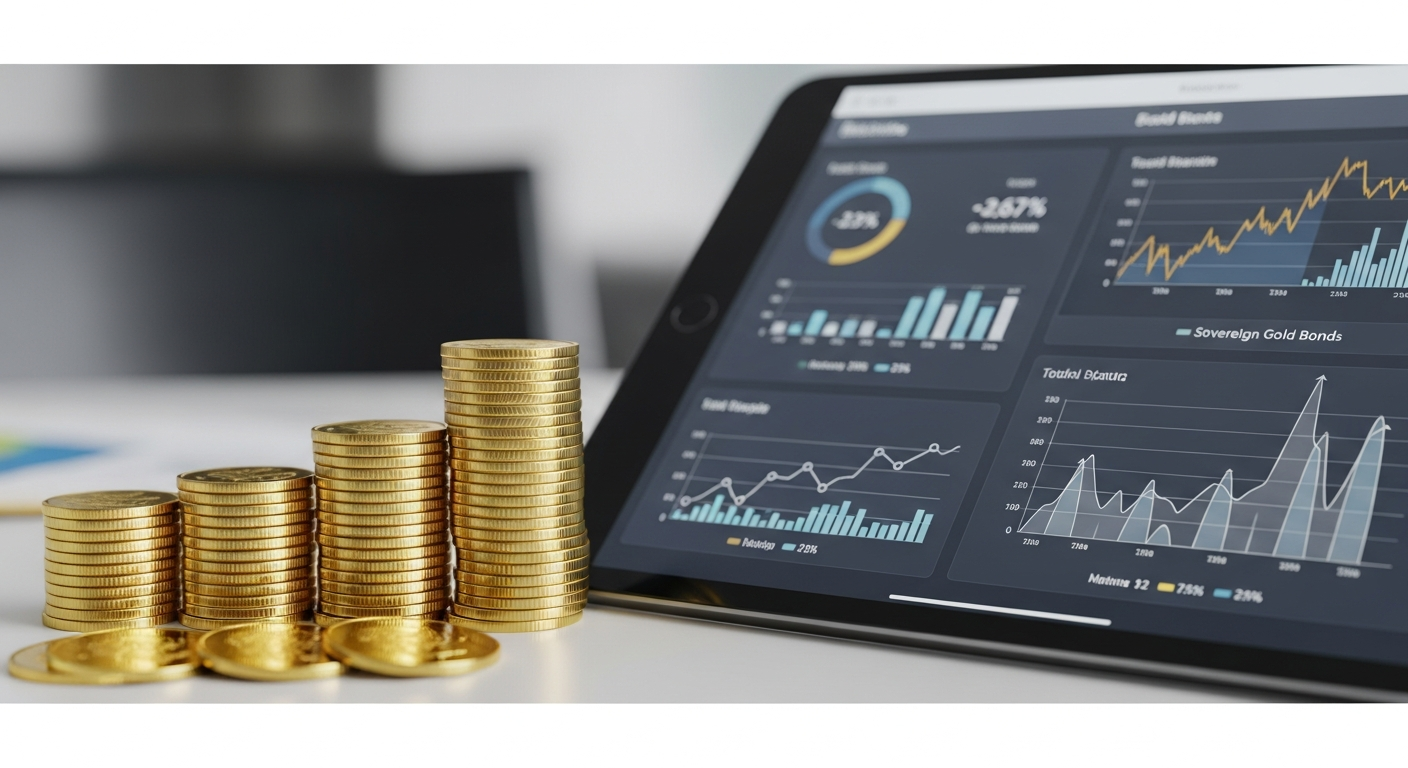Sovereign Gold Bonds India: Close-up of gold coins and bond certificates, symbolizing secure gold investment.