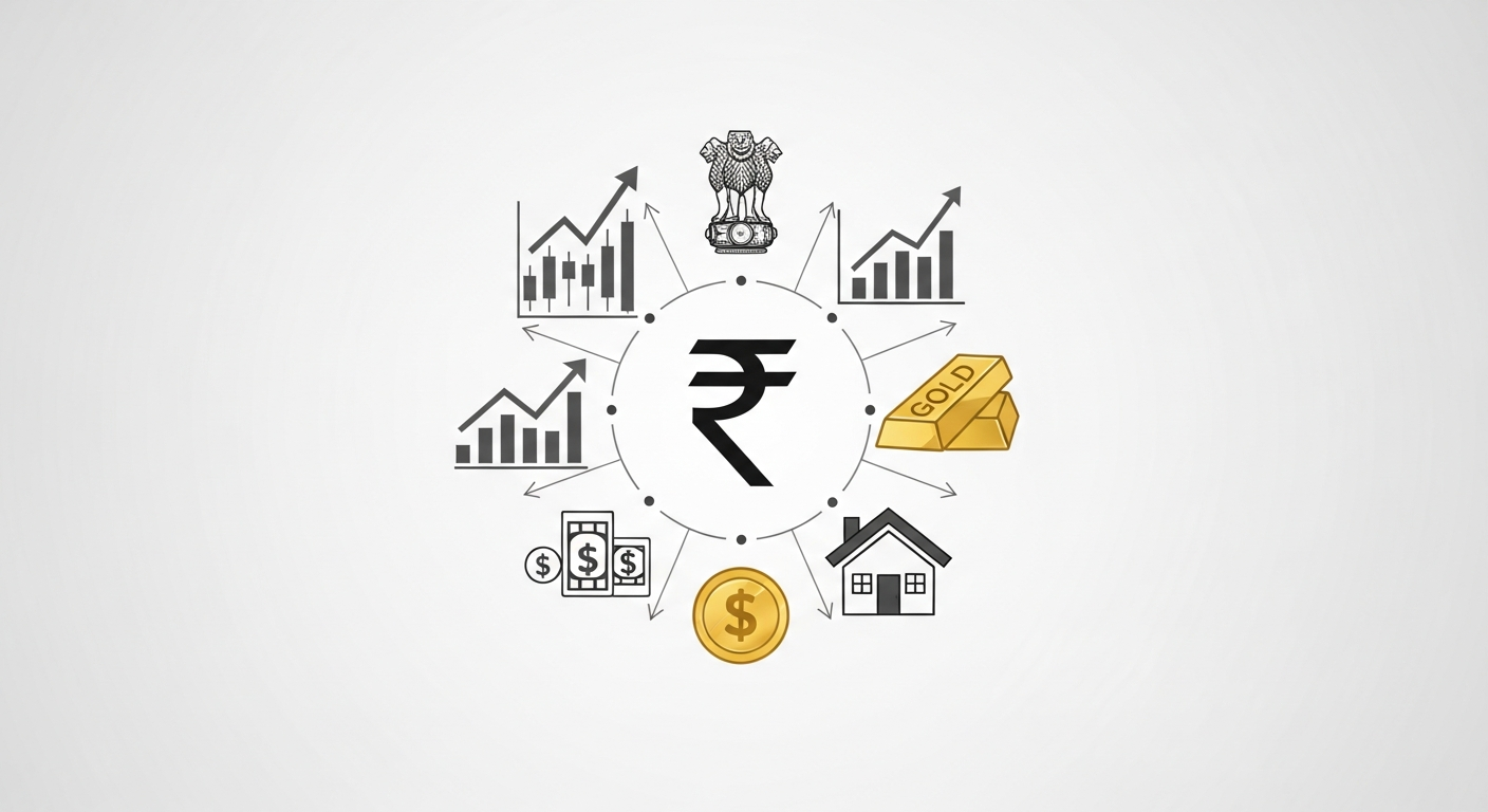 A visual representation of a diversified investment portfolio with various assets like stocks, bonds, and gold, symbolizing w
