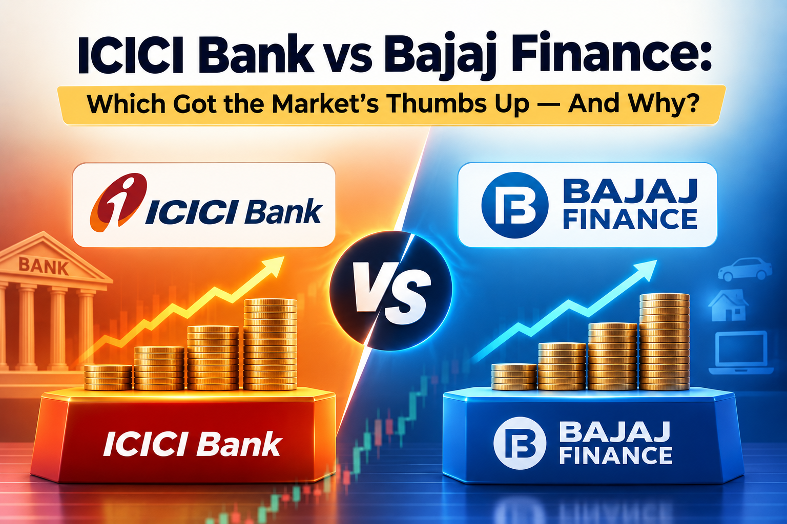 Graph showing stock performance of ICICI Bank and Bajaj Finance with logos and financial charts.