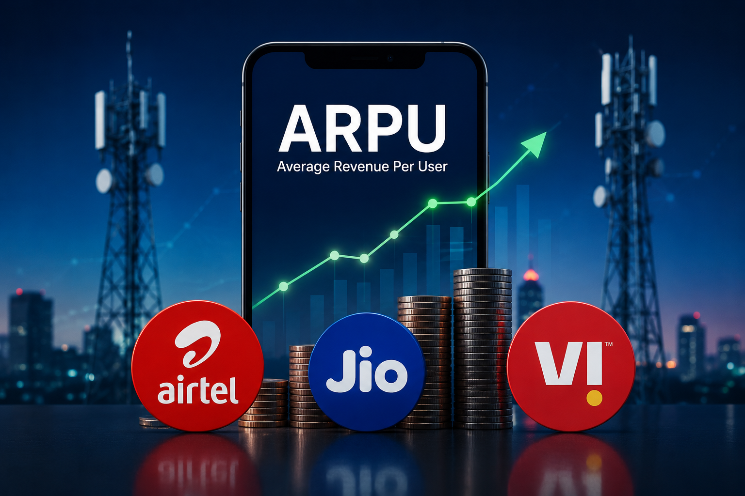 Graph showing increasing Average Revenue Per User (ARPU) for Indian telecom companies.