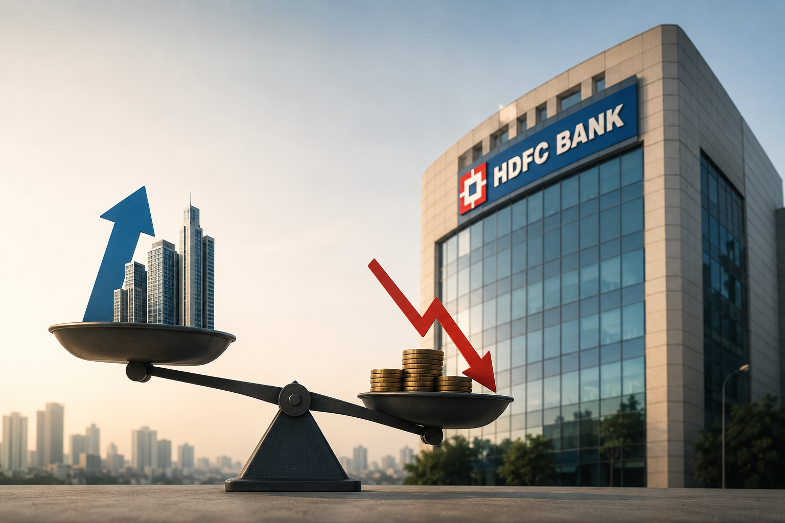 Graph showing declining Net Interest Margin (NIM) for HDFC Bank post-merger, with bank building and Indian rupee symbol.