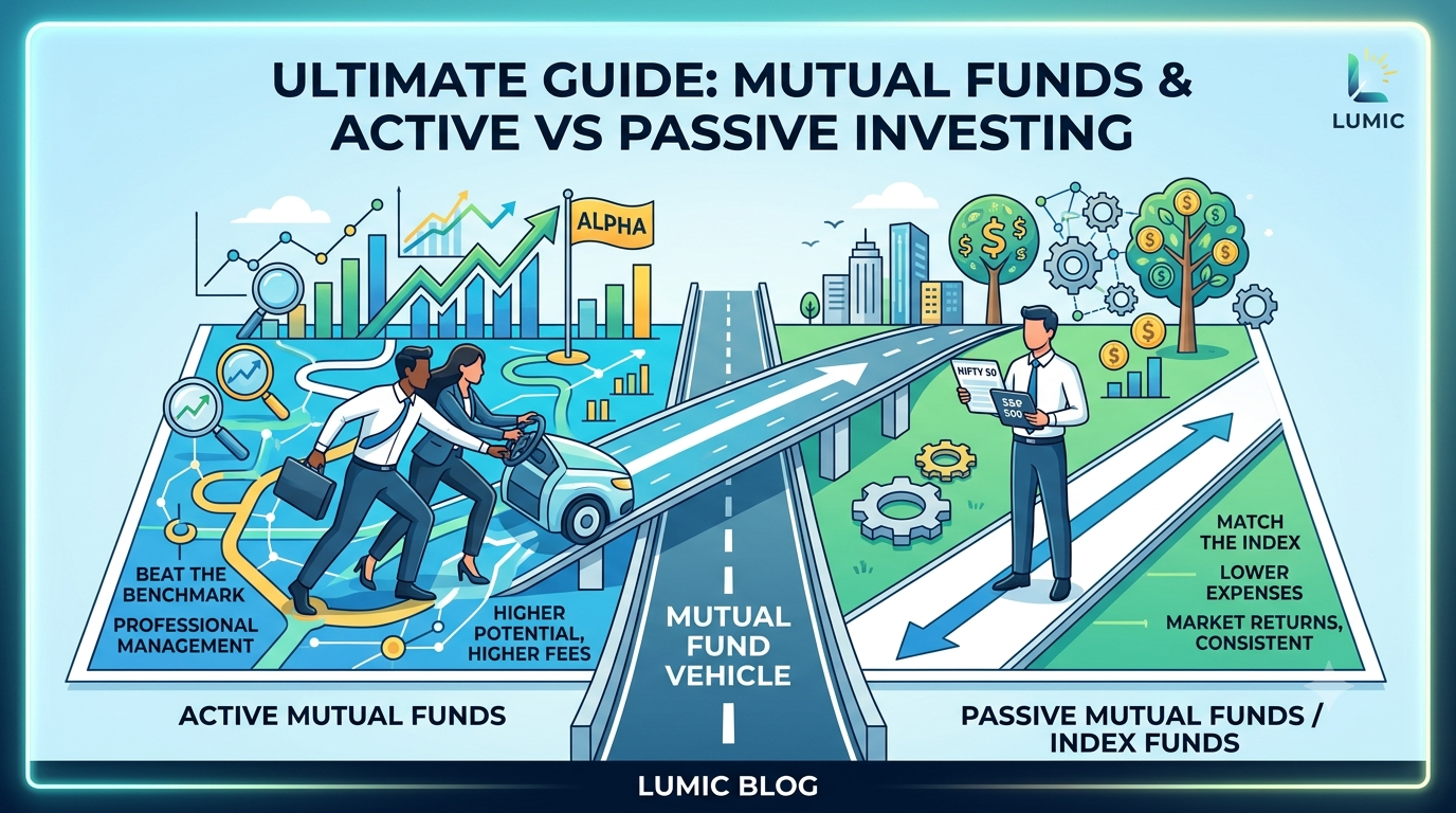 Infographic comparing active and passive mutual funds with icons representing growth and costs.