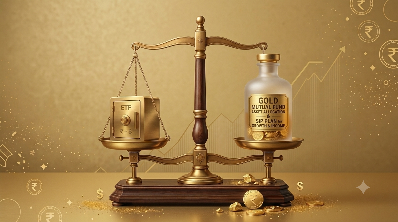 Illustration comparing Gold ETF and Gold Mutual Fund, showing coins and charts.