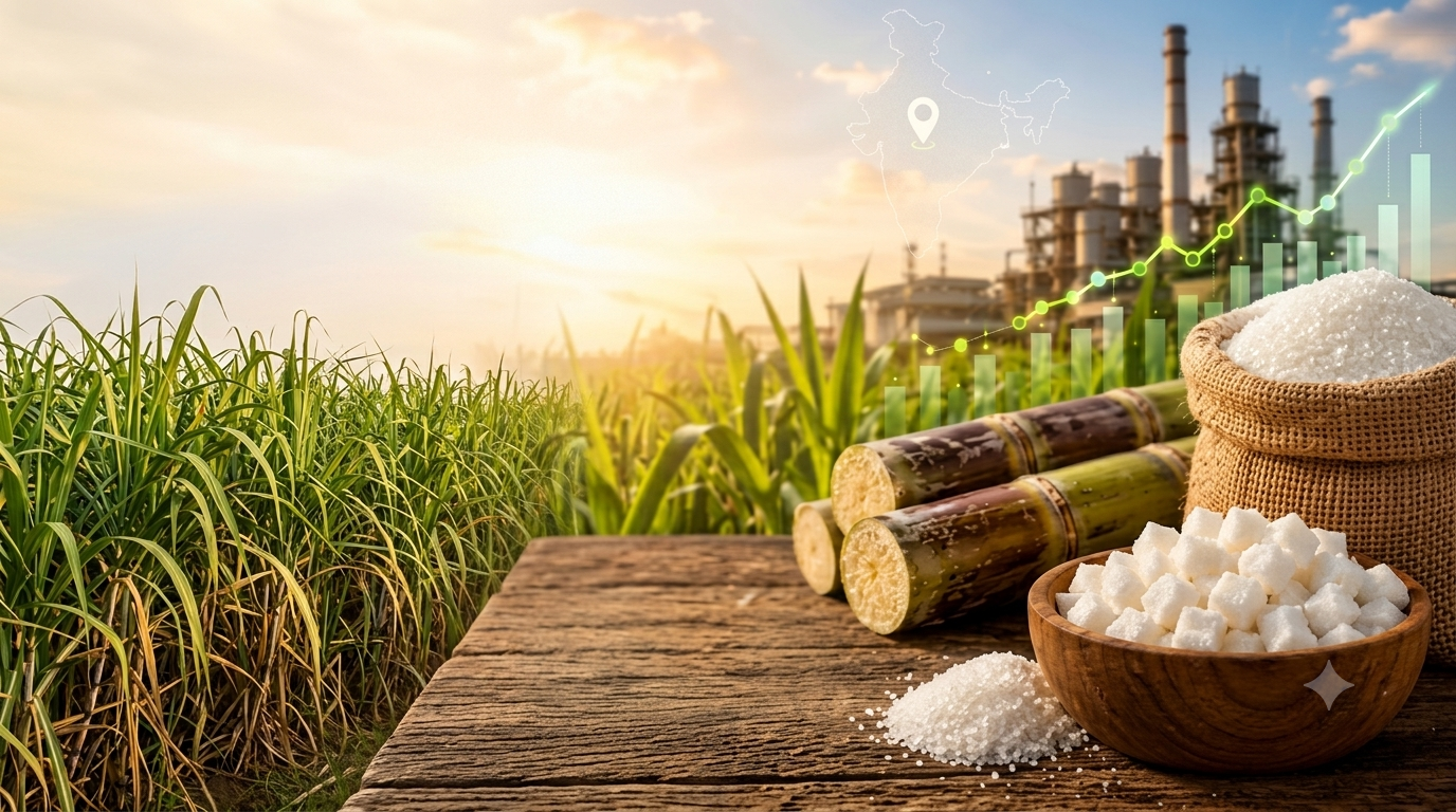 Indian sugarcane fields ready for harvest with a sugar mill in the background, representing India's sugar and ethanol industr