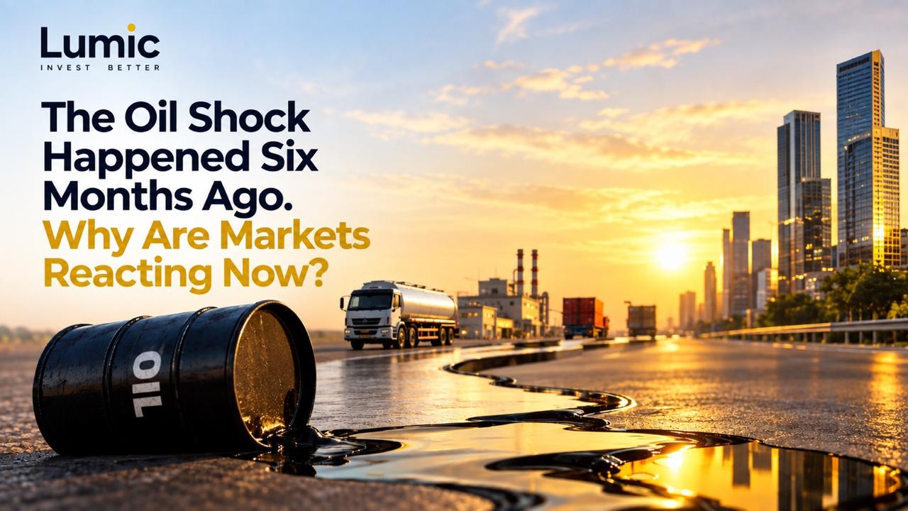 Chart showing rising oil prices and subsequent market reactions, symbolizing the delayed impact of the oil shock.
