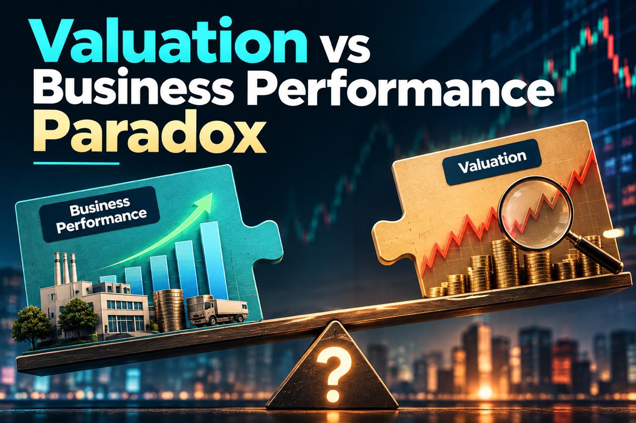 A falling stock graph overlaid with positive financial report symbols, symbolizing the paradox of good results leading to a s