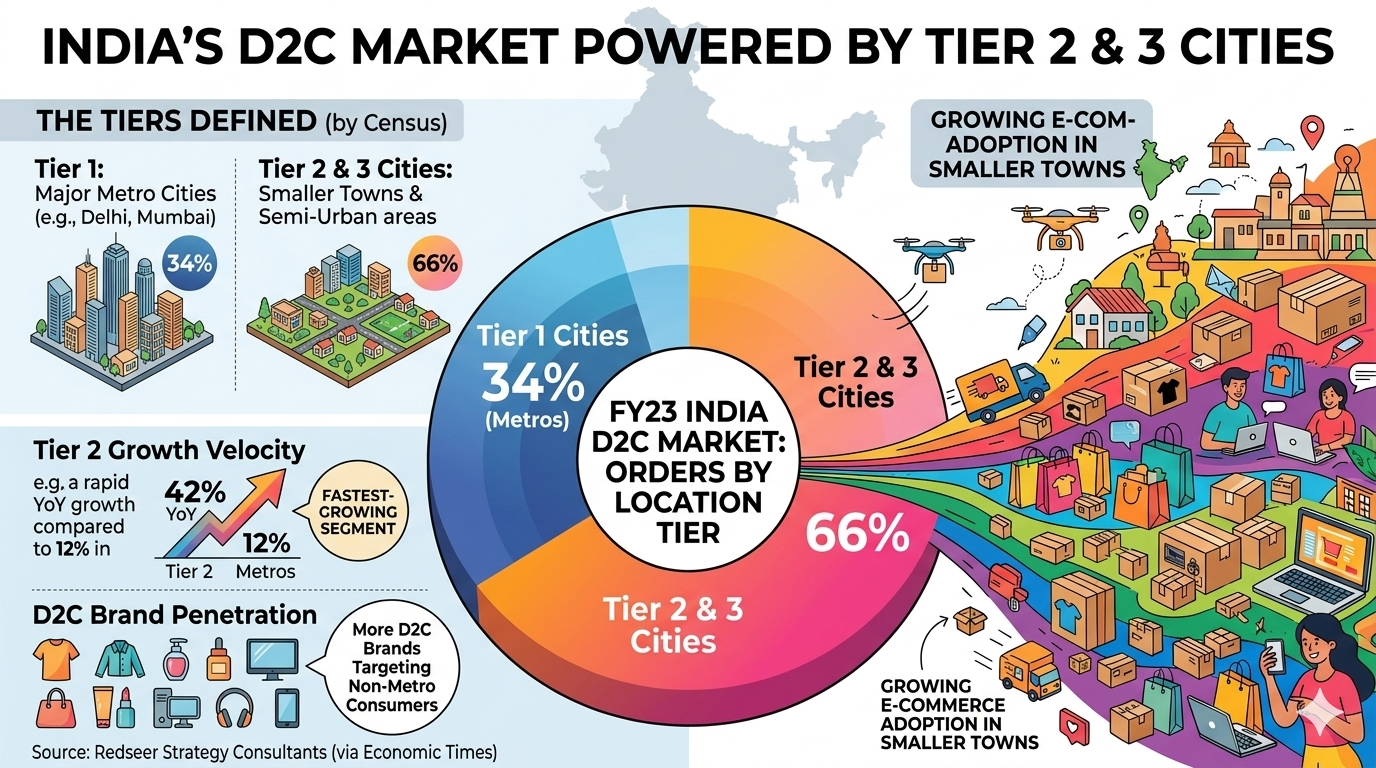 Indian map highlighting Tier 2 and Tier 3 cities with growing online order activity and D2C growth.