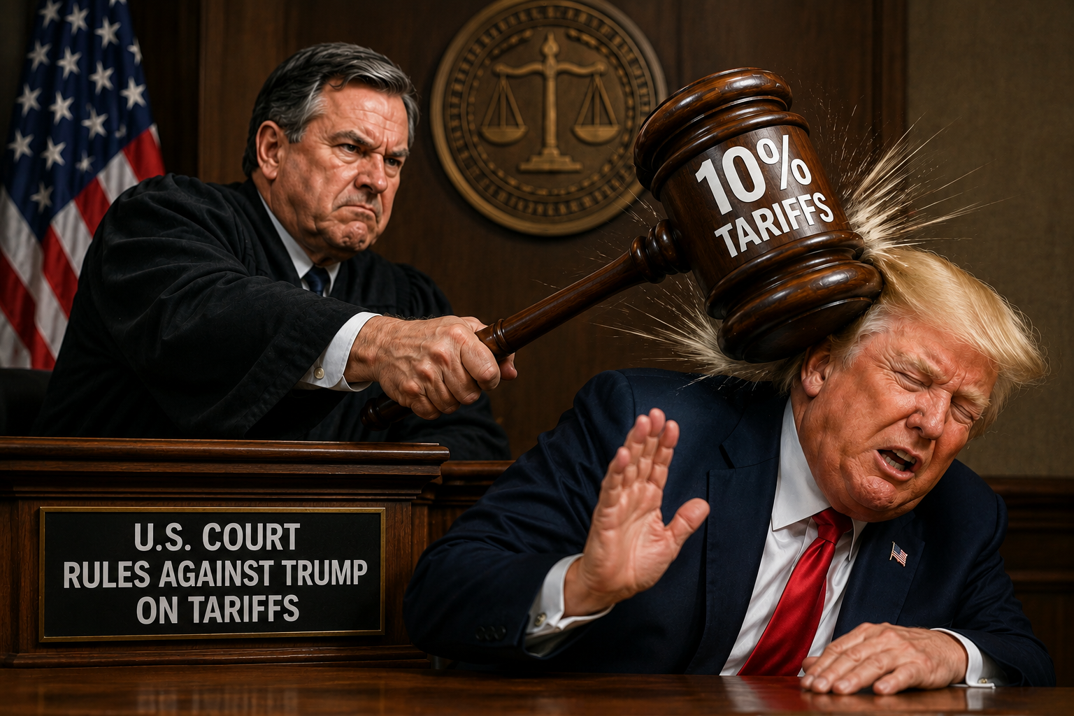 US court gavel striking down tariffs, signifying legal challenge to import duties.
