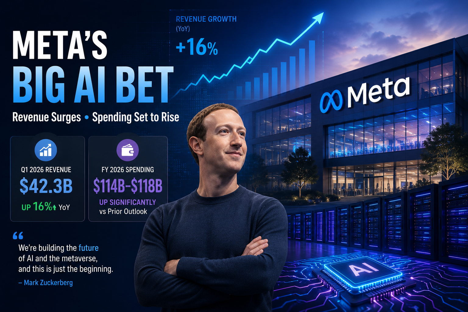 Meta's financial results with charts showing sales growth and AI investment plans