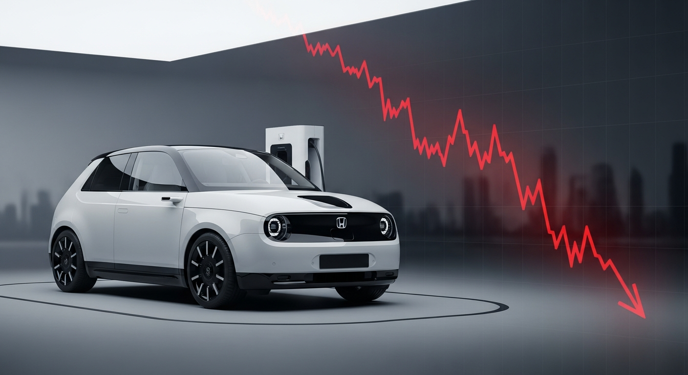 Honda logo with a backdrop symbolizing electric vehicle technology and financial charts.