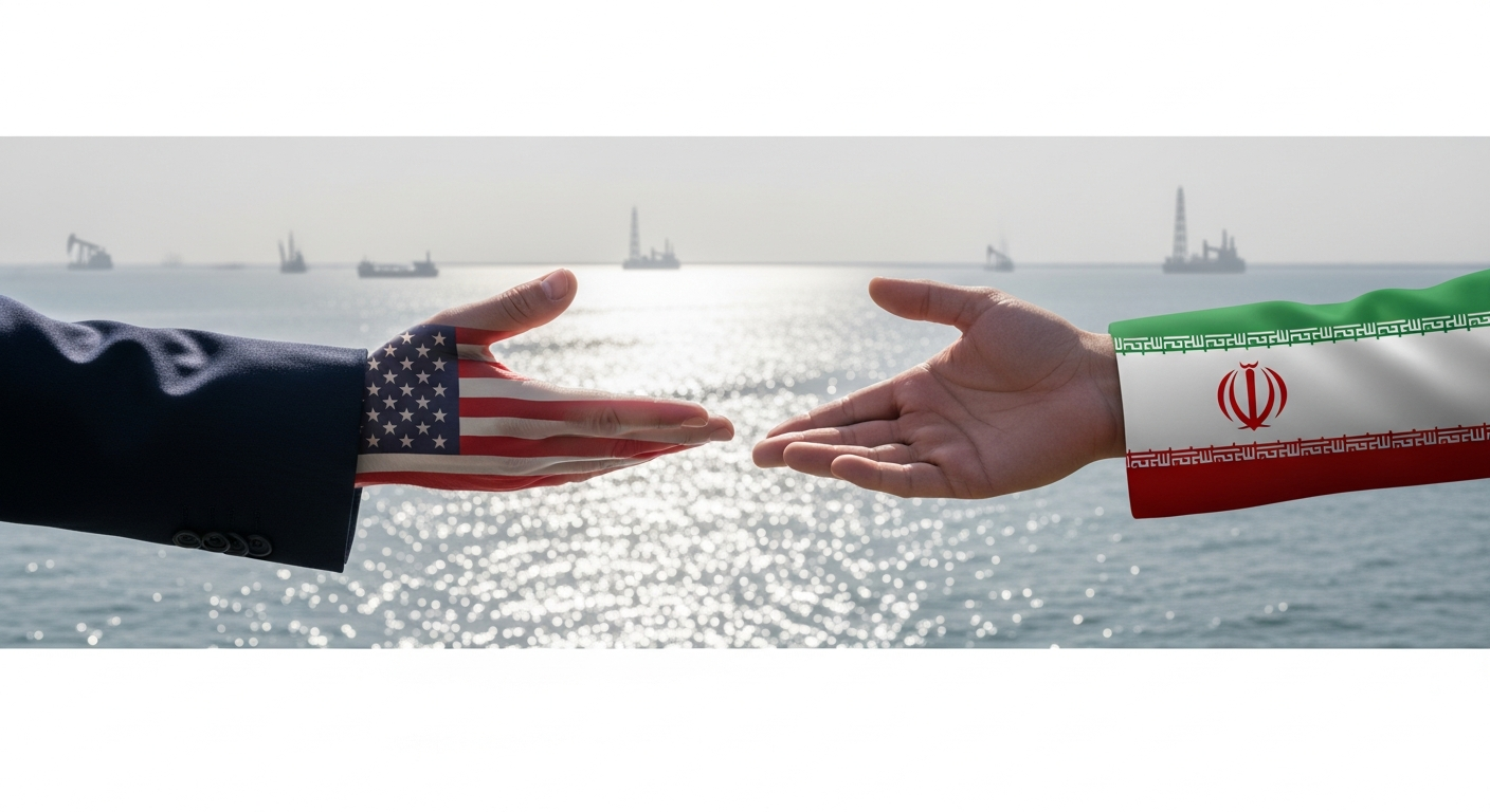 US and Iran flags with a backdrop symbolizing peace talks and the Strait of Hormuz, hinting at a potential geopolitical shift