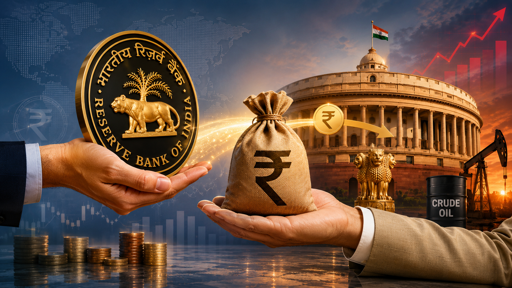 RBI logo with Indian Rupee symbol and government buildings, symbolizing financial transfer and economic impact.
