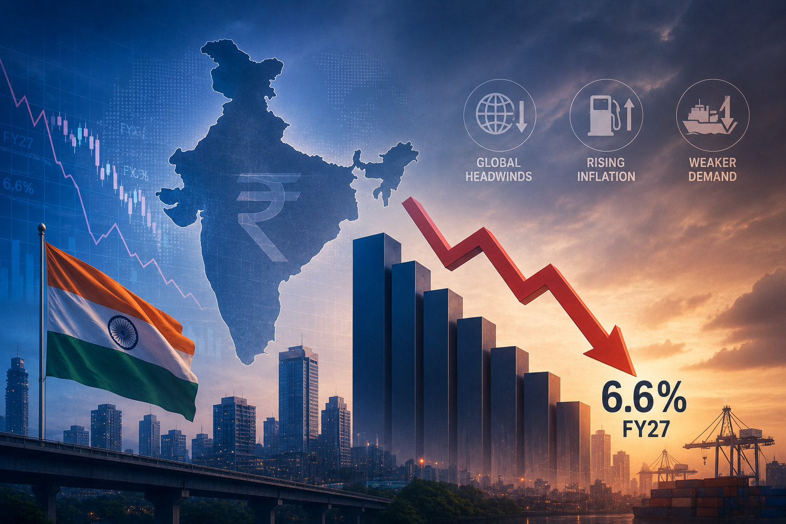 Graph showing India's GDP growth forecast slowing down to 6.6% for FY27 amidst global economic challenges.