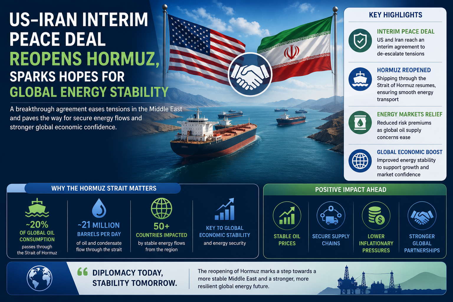 Strait of Hormuz shipping lanes reopening following US-Iran peace deal, impacting global oil supply and energy security.