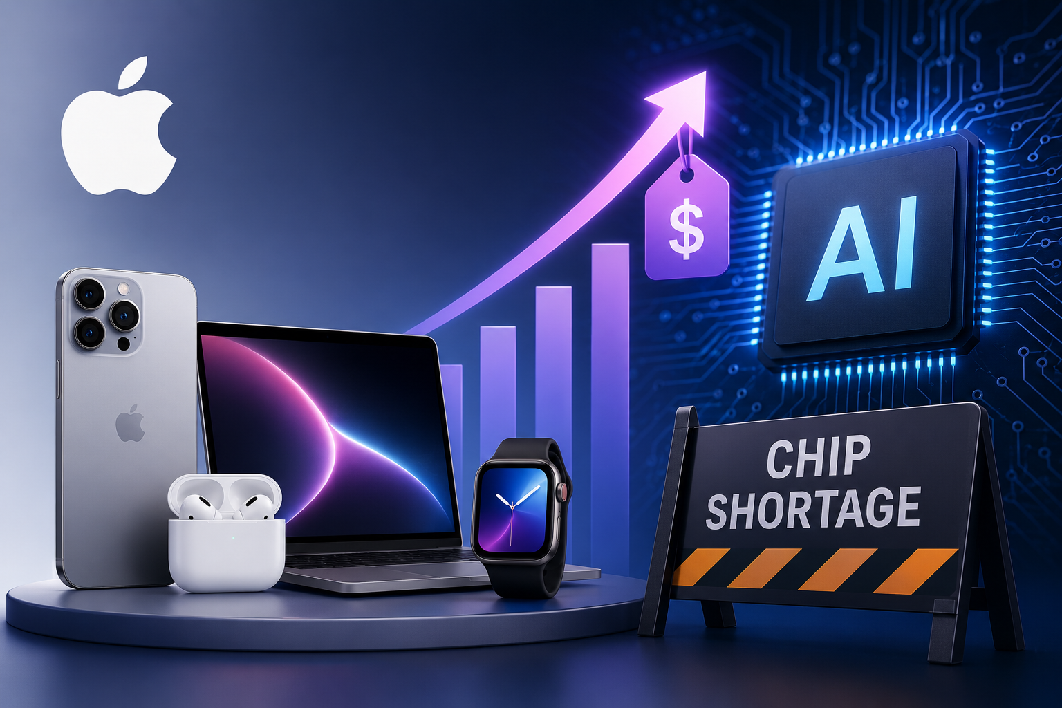 Apple logo with circuit board pattern, symbolizing AI chip shortage and potential price hikes.