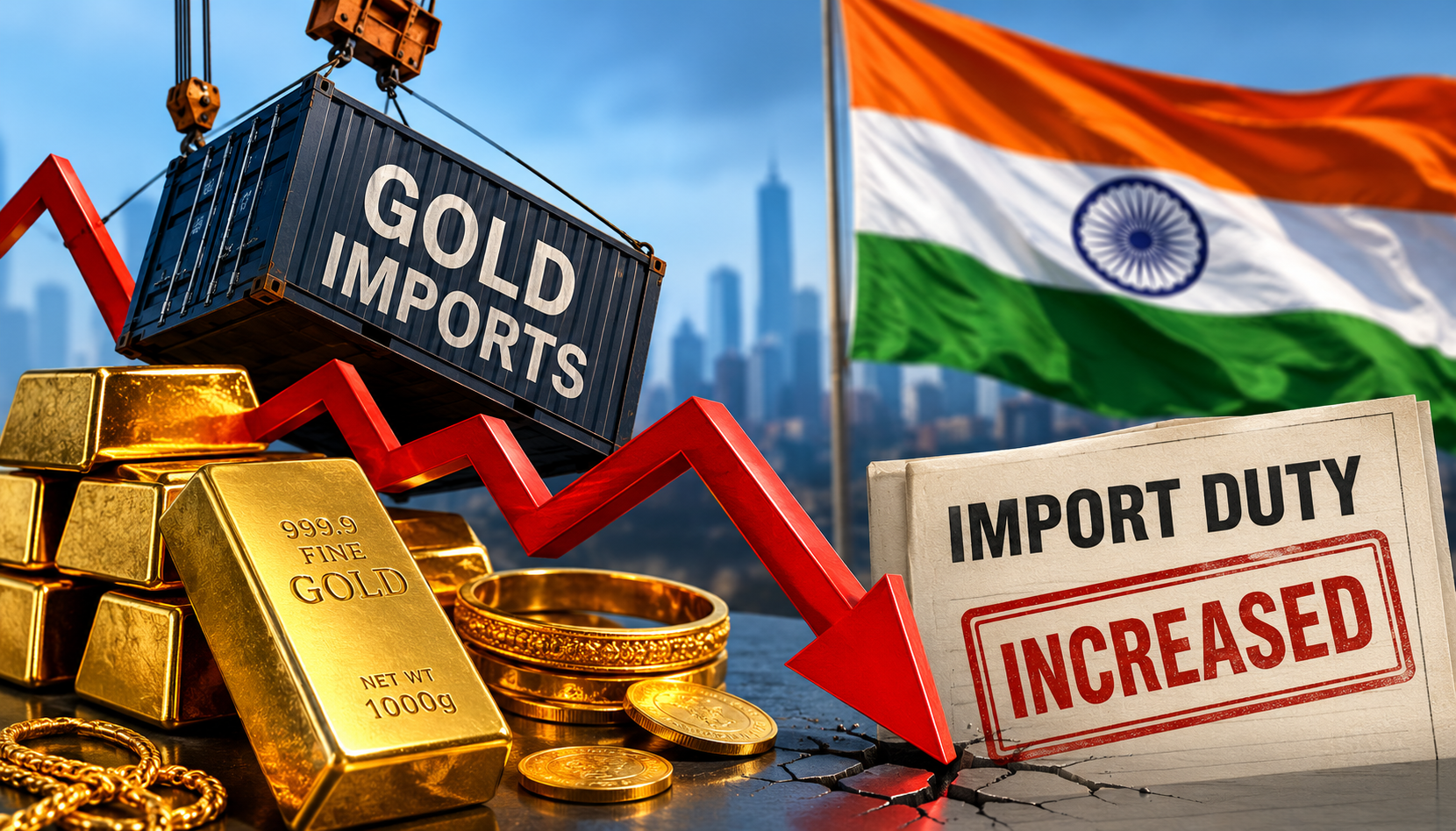 Indian rupee symbol alongside gold bars, symbolizing impact of import duty changes on gold imports.