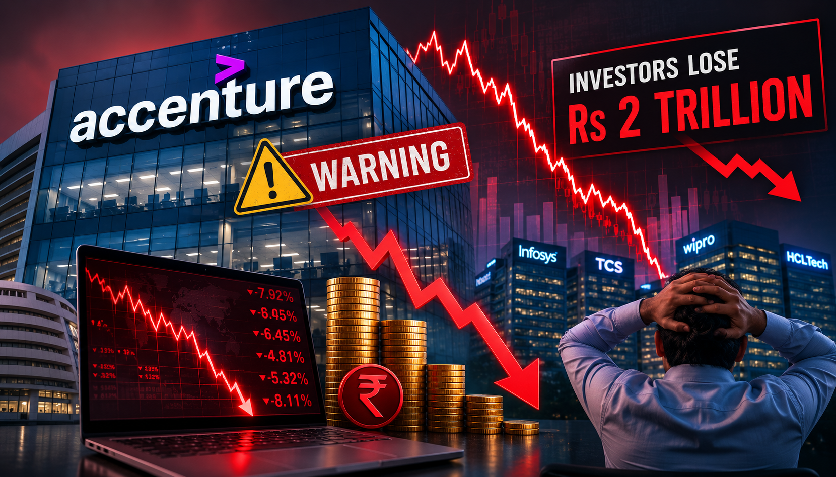 Indian stock market chart showing a downward trend with IT stocks highlighted, alongside the Accenture logo.