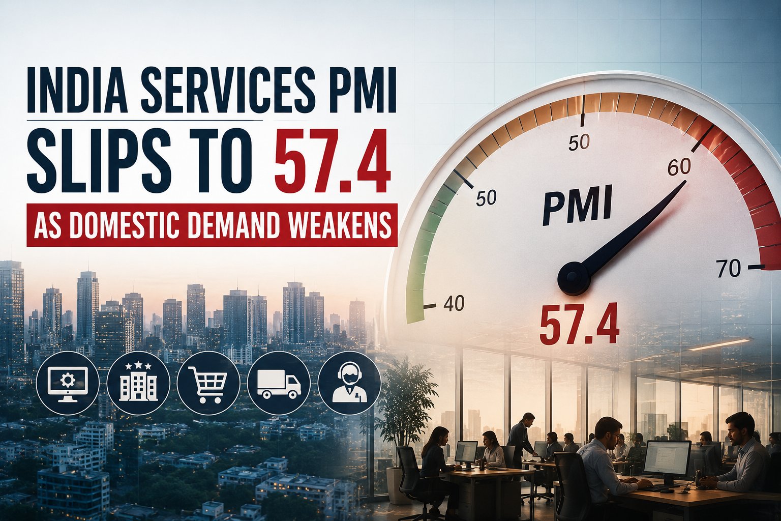 Chart showing India Services PMI dropping, with a focus on domestic demand and export orders.