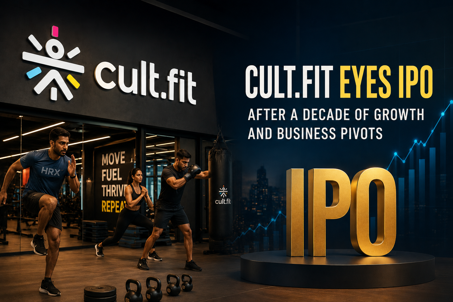 Cult.fit logo with abstract health and fitness icons, symbolizing IPO aspirations and diversification.