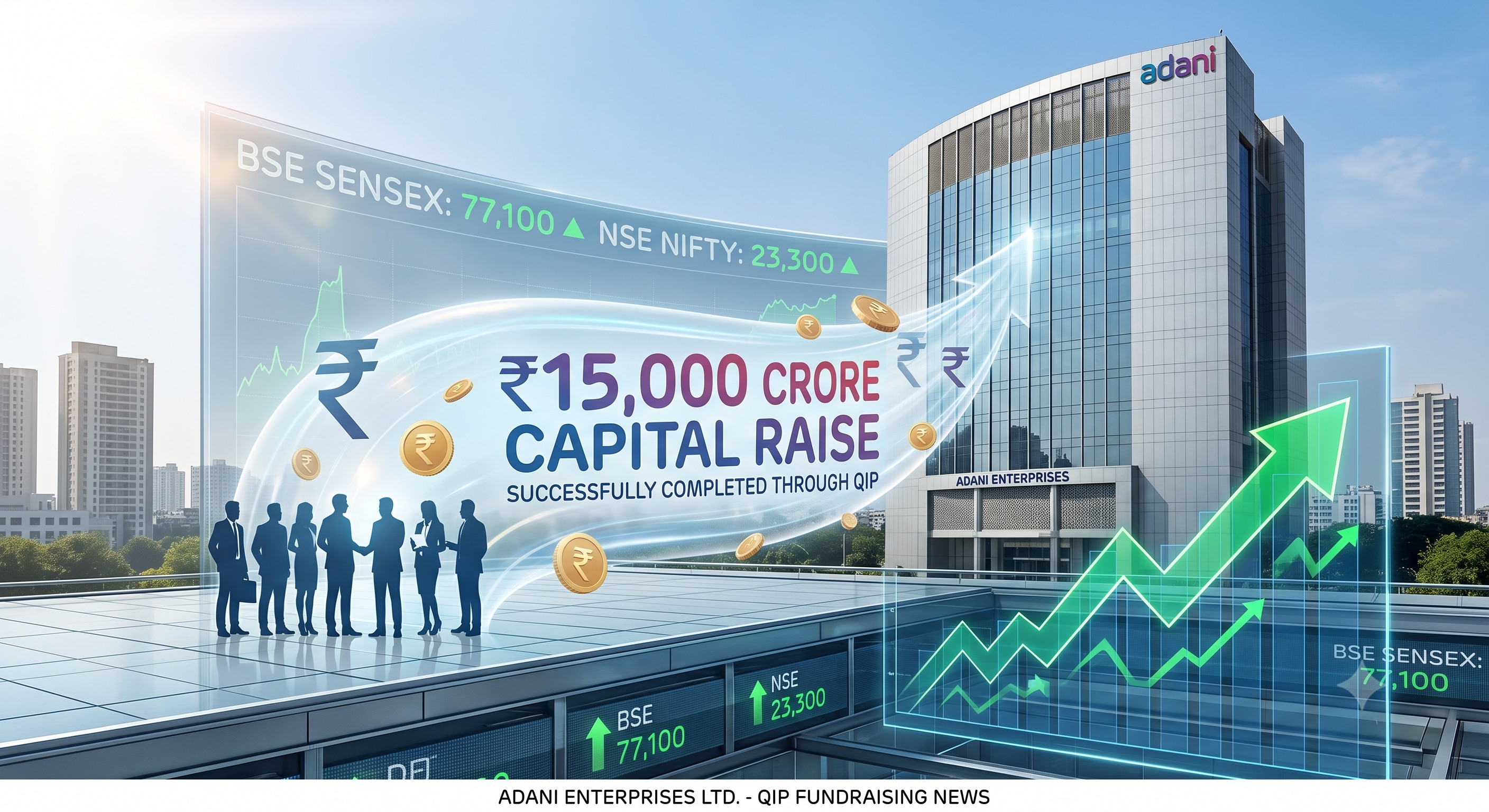 Adani Enterprises logo with stock market graphic, signifying ₹15,000 crore QIP fundraising success