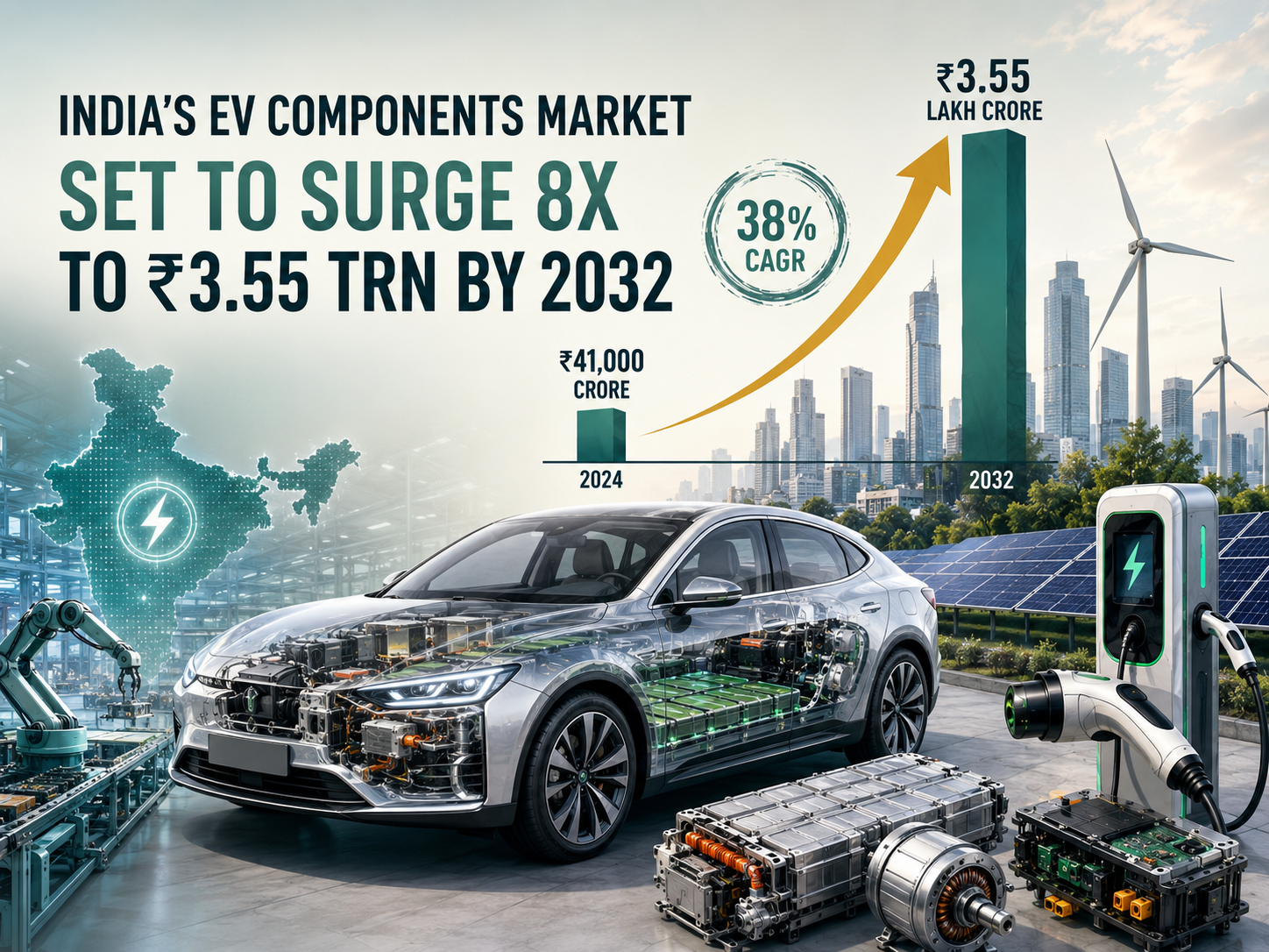 Illustration of electric vehicle components and Indian flag, symbolizing industry growth.