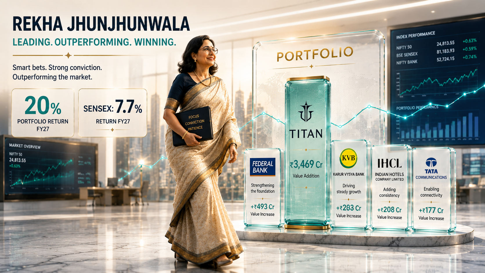 Rekha Jhunjhunwala's investment portfolio performance for FY27, highlighting Titan and private banks.