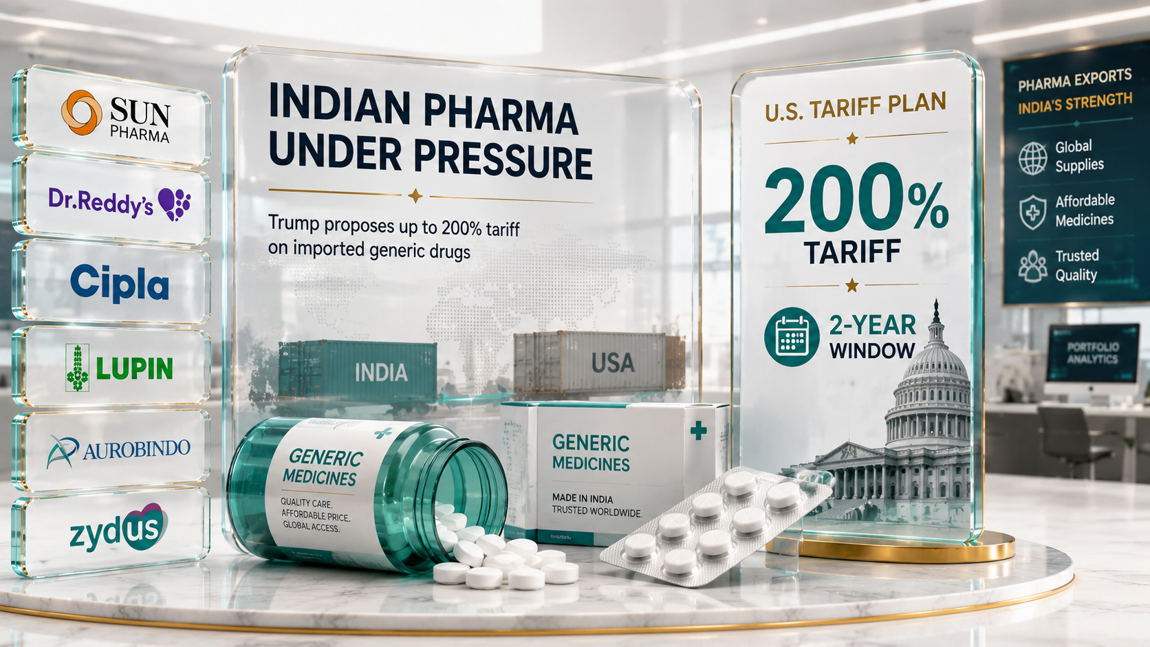 Indian pharma stocks decline on US generic drug tariff plan, impacting the pharma sector's export outlook.